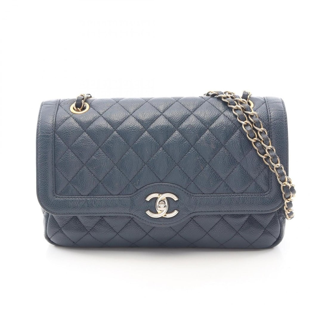 Chanel Matelassé Single Flap Shoulder Bag/Handbag, Caviar Leather (Grained Calfskin), Women's, Navy: --- Catalog ---Category: SizeSize (HxWxD): 15cm x 26cm x 7.5cm / 5.9'' x 10.23'' x 2.95''Category: DesignType: Handbag, Shoulder bagColor: NavyGender: WomenMaterial: Grained Calfskin Hardware Color: G
