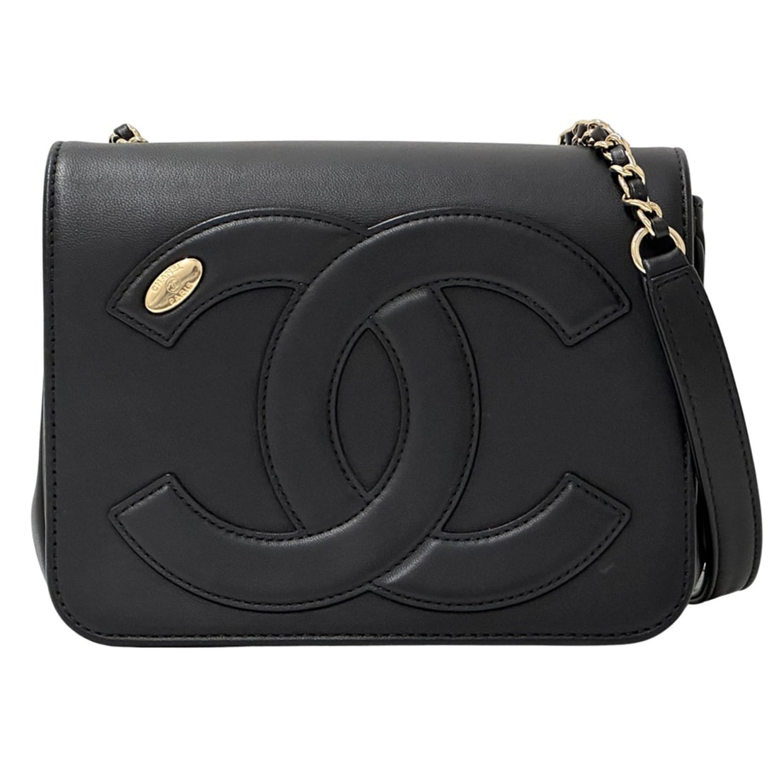 Chanel handbag, Coco Mark, women's brand shoulder bag, leather, black, gold hardware, black chain: --- Catalog ---Category: SizeSize (HxWxD): 13.5cm x 18cm x 6cm / 5.31'' x 7.08'' x 2.36''Category: DesignType: Handbag, Shoulder bagColor: BlackGender: WomenMaterial: Leather Hardware Color: GoldCateg
