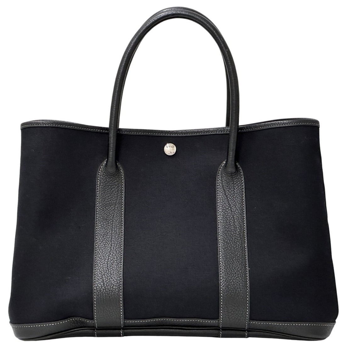 Hermes Garden Party PM handbag for women, brand tote bag, Toile Officier leather, black, silver: --- Catalog ---Category: SizeSize (HxWxD): 23cm x 36cm x 17cm / 9.05'' x 14.17'' x 6.69''Category: DesignType: Handbag, Tote bagColor: BlackGender: WomenMaterial: Toile officier , Leather Hardware Col