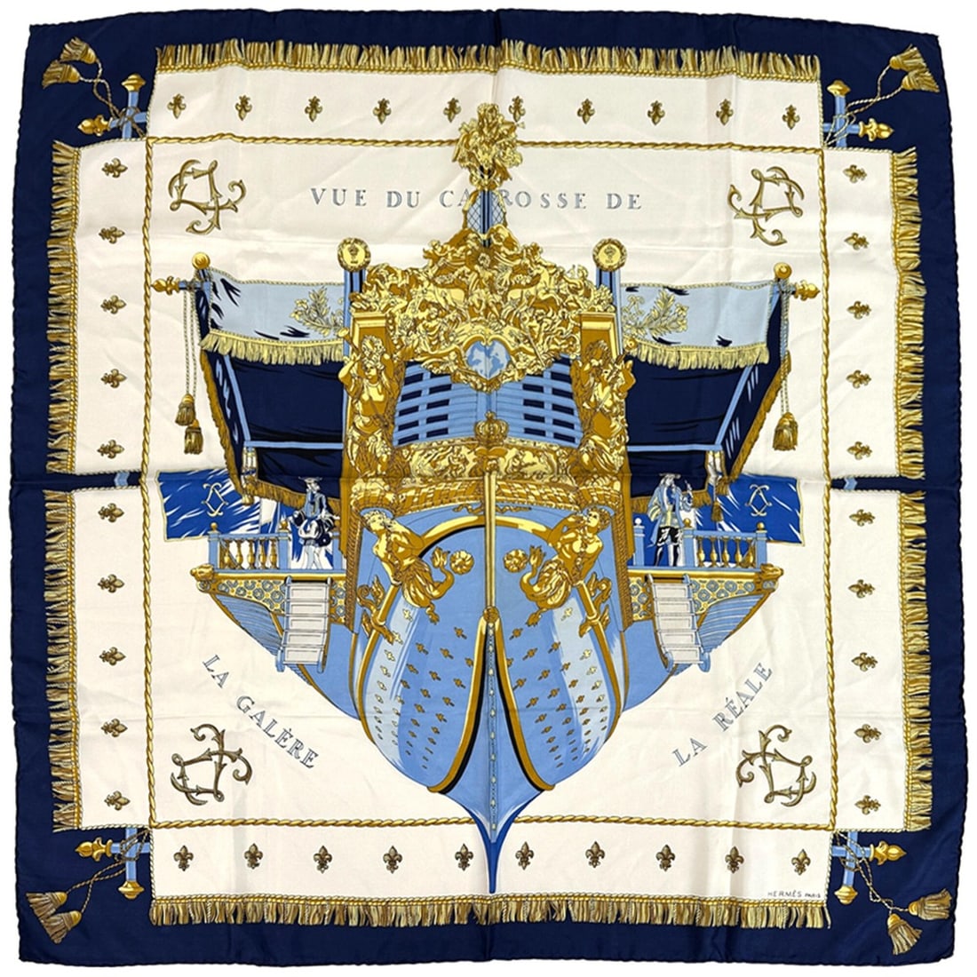 Hermes scarf/muffler, VUE DU CARROSSE DE LA GALERE REALE (The Queen's Coronation), women's, Carre: --- Catalog ---Category: SizeSize (LxW): 90cm x 90cm / 35.43'' x 35.43''Category: DesignType: ScarfColor: Multi-color, NavyGender: WomenMaterial: Silk Category: GeneralBrand: HermesCountry of Origin: 