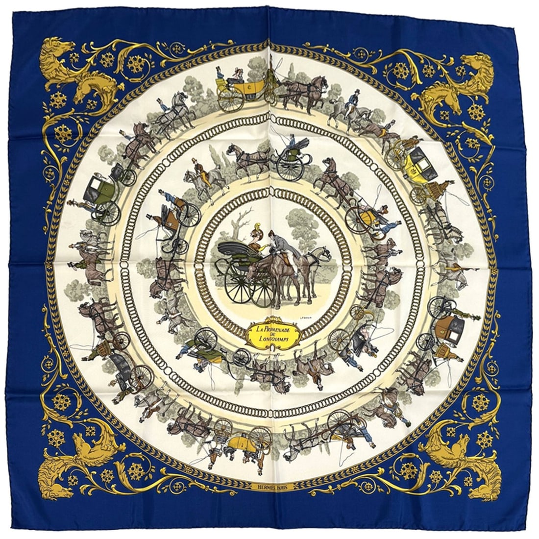 Hermes scarf/muffler, Carre 90, "LA PROMENADE DE LONGCHAMPS" (A Walk to Longchamp), women's, brand,: --- Catalog ---Category: SizeSize (LxW): 90cm x 90cm / 35.43'' x 35.43''Category: DesignType: ScarfColor: Blue, Multi-colorGender: WomenMaterial: Silk Category: GeneralBrand: HermesCountry of Origin: 