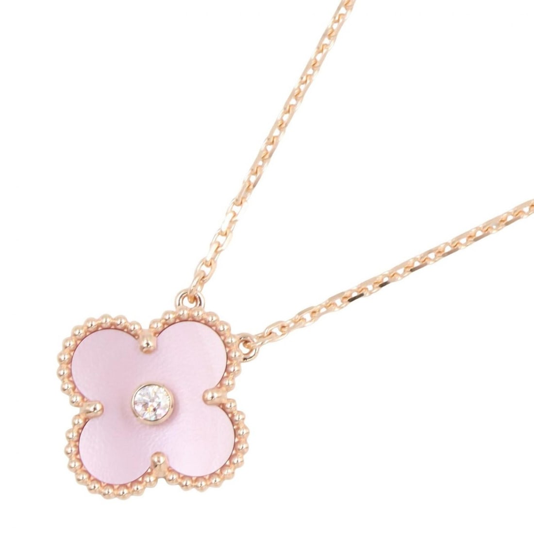 Van Cleef & Arpels Vintage Alhambra Necklace, Pink Mother-of-Pearl 1PD Jewelry, 18KPG (Pink Gold),: --- Catalog ---Category: SizePendant Size: 15mm x 15mm / 0.59'' x 0.59''Neck Circumference: 37 cm - 41.5 cm / 14.56'' - 16.33''Category: DesignColor: Clear, Gold, PinkGender: WomenMaterial: Pink gold