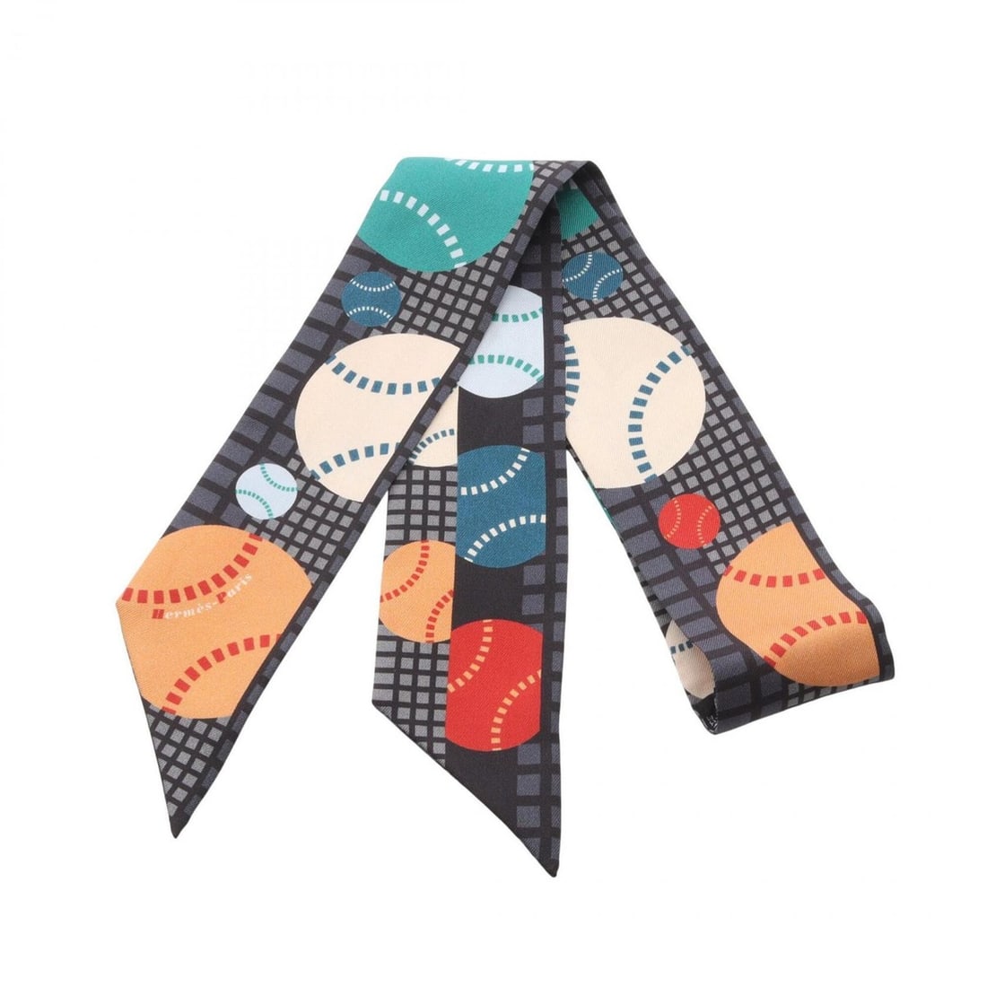 Hermes Twilly Balles de Tennis Ribbon Scarf Muffler Silk Women's Gray Multicolor: --- Catalog ---Category: SizeSize (LxW): 85cm x 5cm / 33.46'' x 1.96''Category: DesignType: ScarfColor: Gray, Multi-colorGender: WomenMaterial: Silk Category: GeneralBrand: Hermes--- Item List