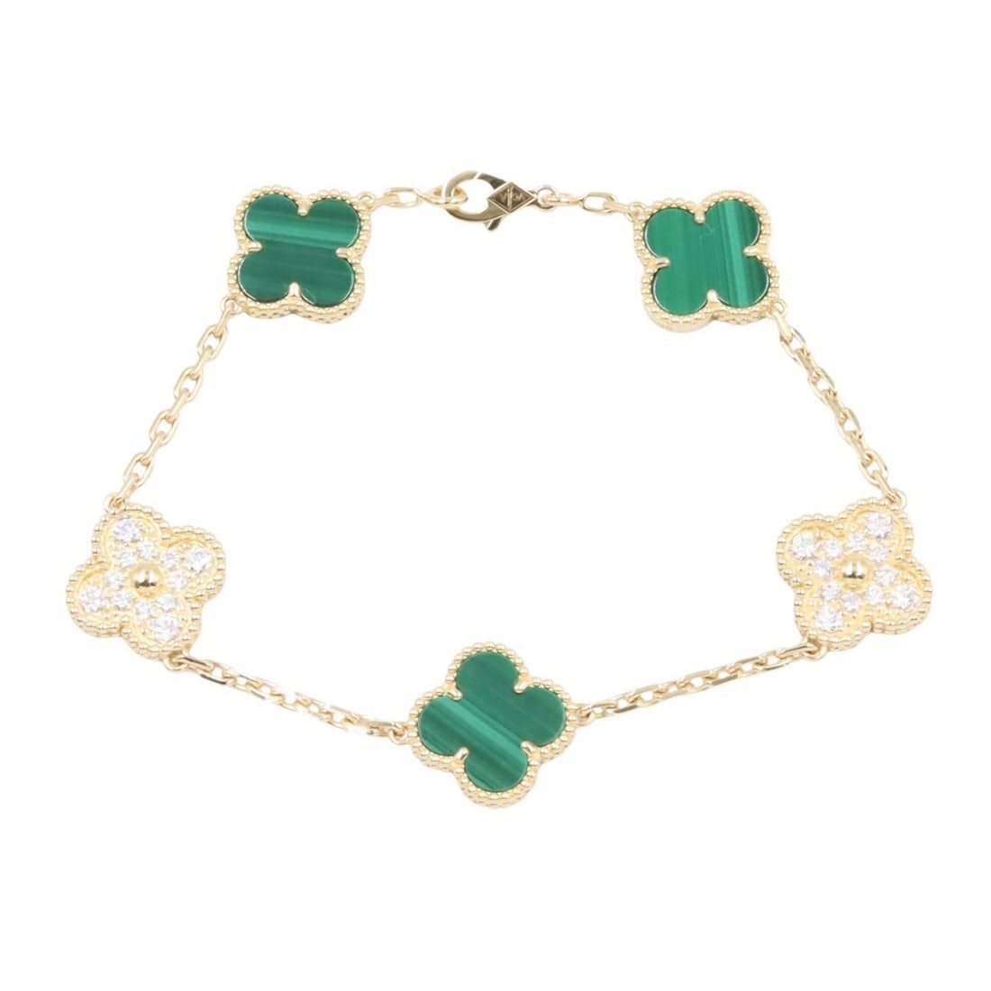 Van Cleef & Arpels Vintage Alhambra 5-Motif Malachite Diamond Bracelet, 18K (Yellow Gold), Diamond, (1 of 13)