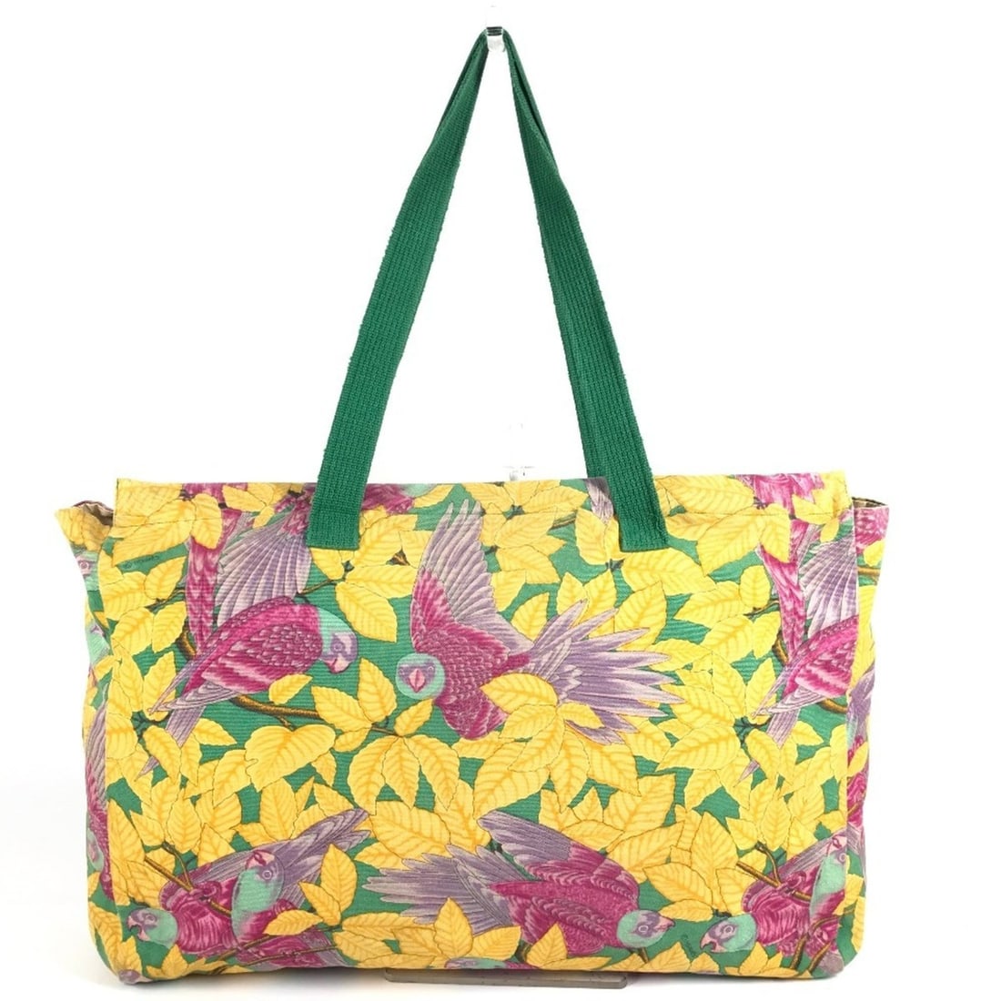 HERMES Vintage Bird and Floral Pattern Tote Bag/Shoulder Bag, Cotton, Men's/Women's, Green: --- Catalog ---Category: SizeSize (HxWxD): 32.5cm x 45cm x 9cm / 12.79'' x 17.71'' x 3.54''Category: DesignType: Shoulder bag, Tote bagColor: Green, YellowGender: Men,WomenMaterial: Cotton Category: G