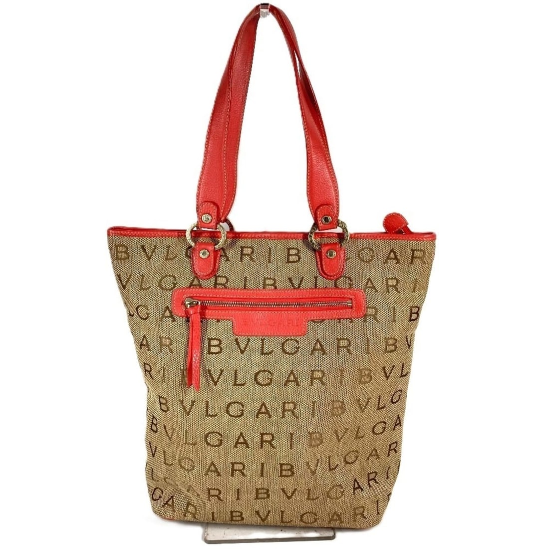 BVLGARI Logo Mania Vertical Shoulder Bag Tote Leather Canvas Men's Women's Beige (1 of 14)
