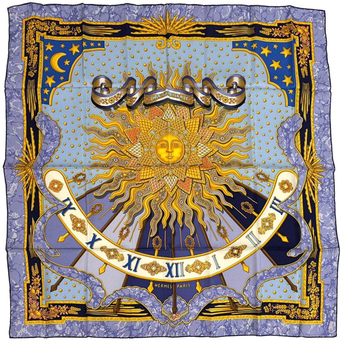 Hermes scarf/muffler, Carre 90, CARPE DIEM, for enjoying the day. Women's brand silk scarf in: --- Catalog ---Category: SizeSize (LxW): 90cm x 90cm / 35.43'' x 35.43''Category: DesignType: ScarfColor: Blue, Multi-color, PurpleGender: WomenMaterial: Silk Category: GeneralBrand: HermesCountry of 