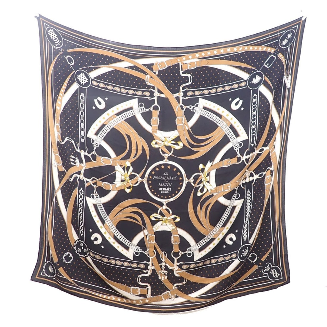 Hermes scarf/muffler, Carre 140, women's, cashmere/silk, black/brown, LA PROMENADE DU MATIN (Morning (1 of 6)
