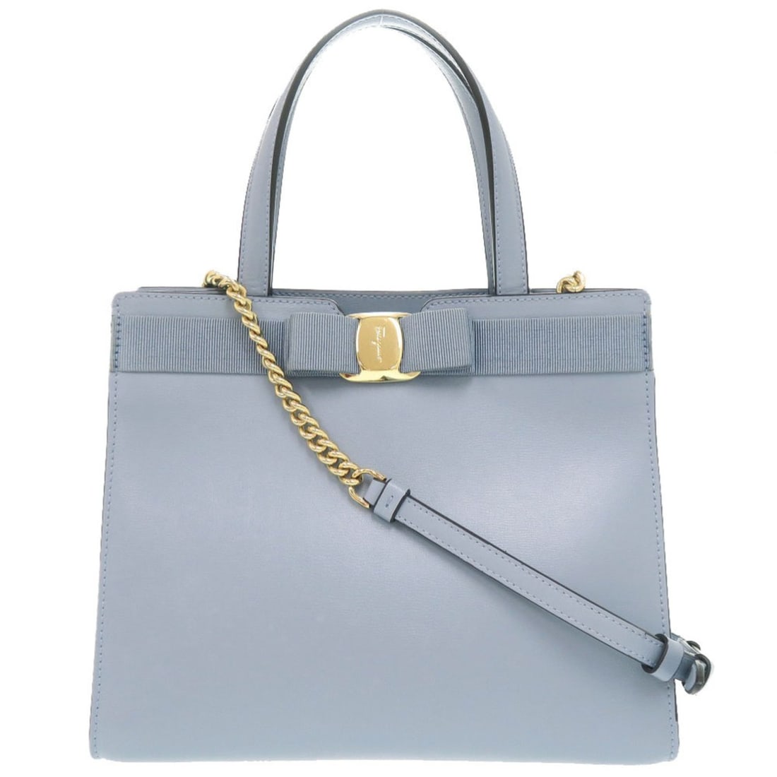 Salvatore Ferragamo Vara Ribbon Leather Blue 2-Way Handbag Shoulder Bag 0424: --- Catalog ---Category: SizeSize (HxWxD): 20cm x 25cm x 13.5cm / 7.87'' x 9.84'' x 5.31''Category: DesignType: Handbag, Shoulder bagColor: BlueGender: WomenMaterial: Leather Category: GeneralBrand: S