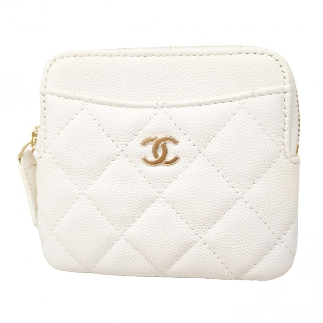 Chanel Matelassé Caviar Leather Wallet/Coin Case, White/Champagne, Women's: --- Catalog ---Category: SizeSize (HxWxD): 10cm x 10.5cm x 1.5cm / 3.93'' x 4.13'' x 0.59''Category: DesignType: Coin purse/coin caseColor: WhiteGender: WomenMaterial: Grained Calfskin Category:
