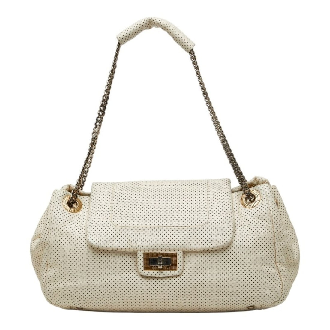 Chanel Matelassé Coco Mark 2.55 Perforated Chain Shoulder Bag, Off-White Leather, Women's CHANEL (1 of 10)