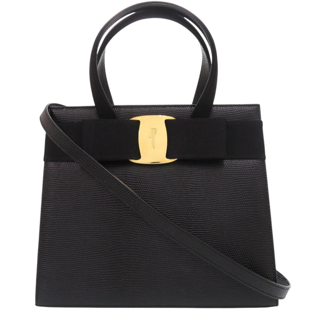 Excellent condition Salvatore Ferragamo Vara Ribbon AF-21418 embossed leather black 2-way handbag: --- Catalog ---Category: SizeSize (HxWxD): 21cm x 24.5cm x 10cm / 8.26'' x 9.64'' x 3.93''Category: DesignType: HandbagColor: BlackGender: WomenMaterial: Leather Leather/Fur Type: Embossed leatherCate