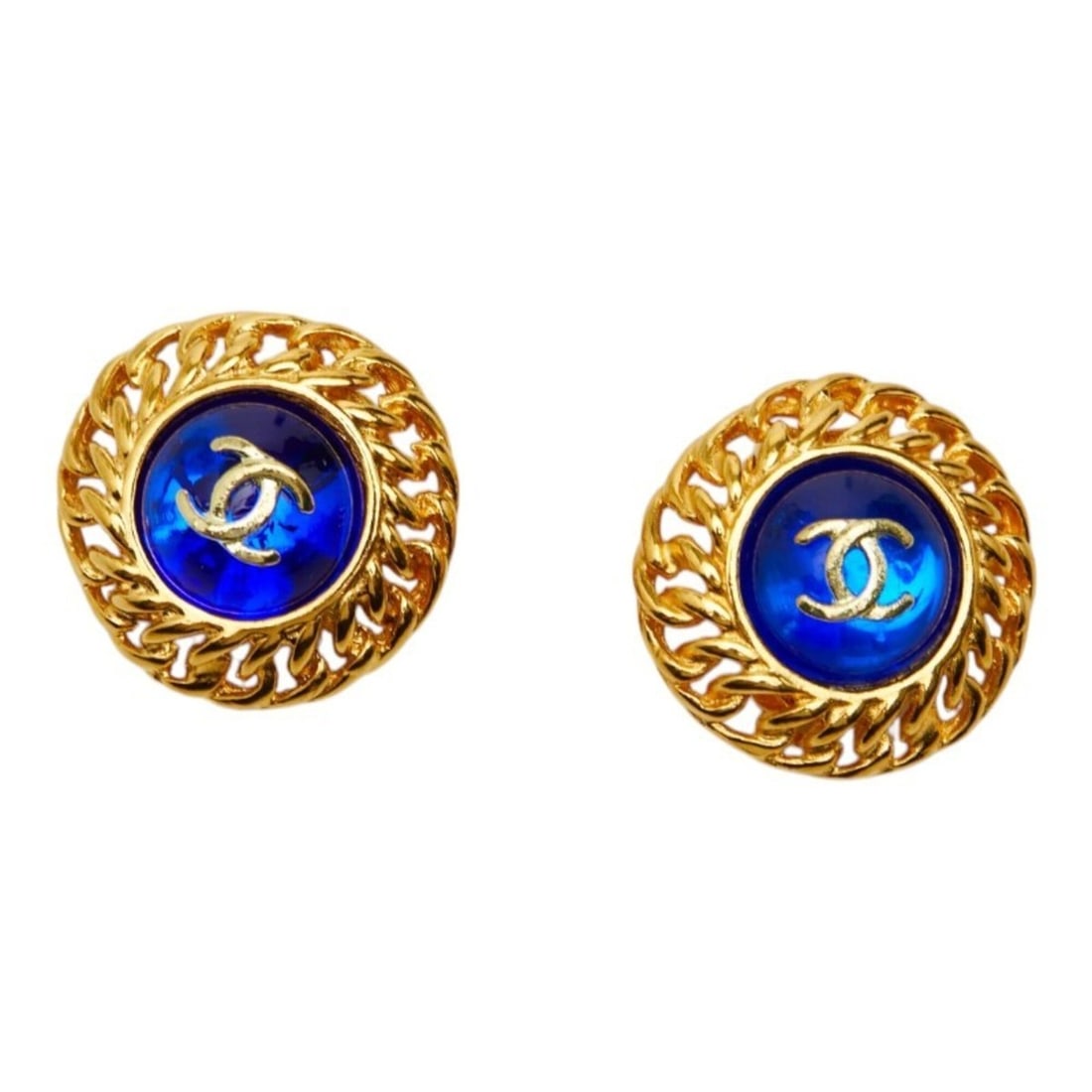 Chanel Coco Mark Gripoix Earrings, Gold and Blue Plated, Women's CHANEL: --- Catalog ---Category: SizeSize (HxWxD): 26.50mm x 26.20mm / 1.04'' x 1.03''Category: DesignType: Clip earringsColor: Blue, GoldGender: WomenMaterial: Gold platingCategory: GeneralBrand: Chanel--- I