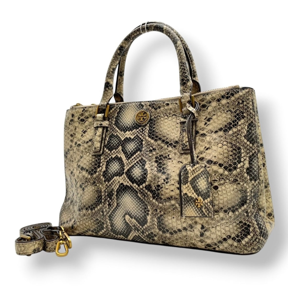 TORY BURCH Tory Burch Tote Bag Shoulder Snake Print Leather Gold Hardware Women's S62: --- Catalog ---Category: SizeSize (HxWxD): 22cm x 32cm x 12cm / 8.66'' x 12.59'' x 4.72''Category: DesignType: Handbag, Shoulder bag, Tote bagColor: Beige, BlackGender: WomenMaterial: Leather
