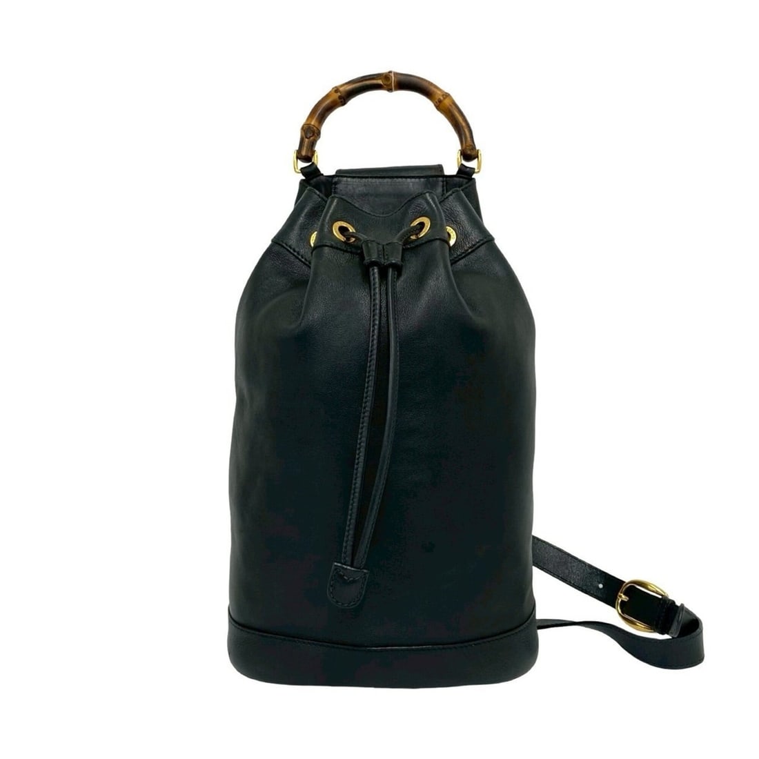 GUCCI Vintage Bamboo Leather Drawstring Body Bag Shoulder Bag, Black, 17081 (1 of 14)