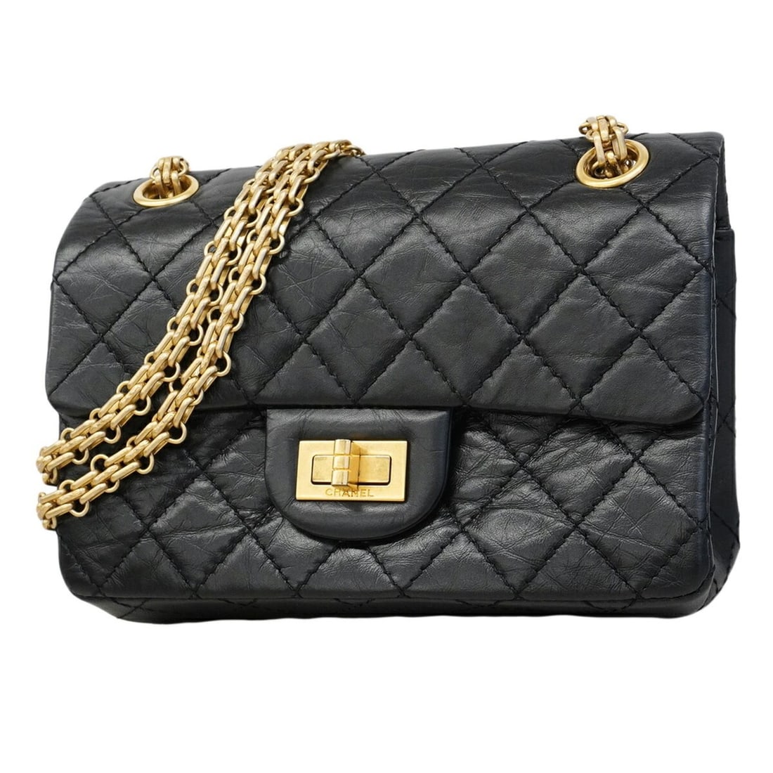 Chanel Matelassé Shoulder Bag with Double Chain, Size 2.55, Calfskin, Black, Women's (1 of 18)