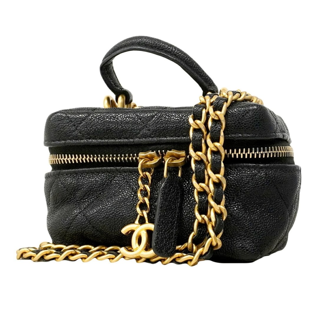 Chanel handbag/vanity bag, Matelassé chain shoulder caviar leather, black, women's.: --- Catalog ---Category: SizeSize (HxWxD): 6.5cm x 9cm x 6cm / 2.55'' x 3.54'' x 2.36''Category: DesignType: Vanity bagColor: BlackGender: WomenMaterial: Grained Calfskin Hardware Color: GoldCategory: