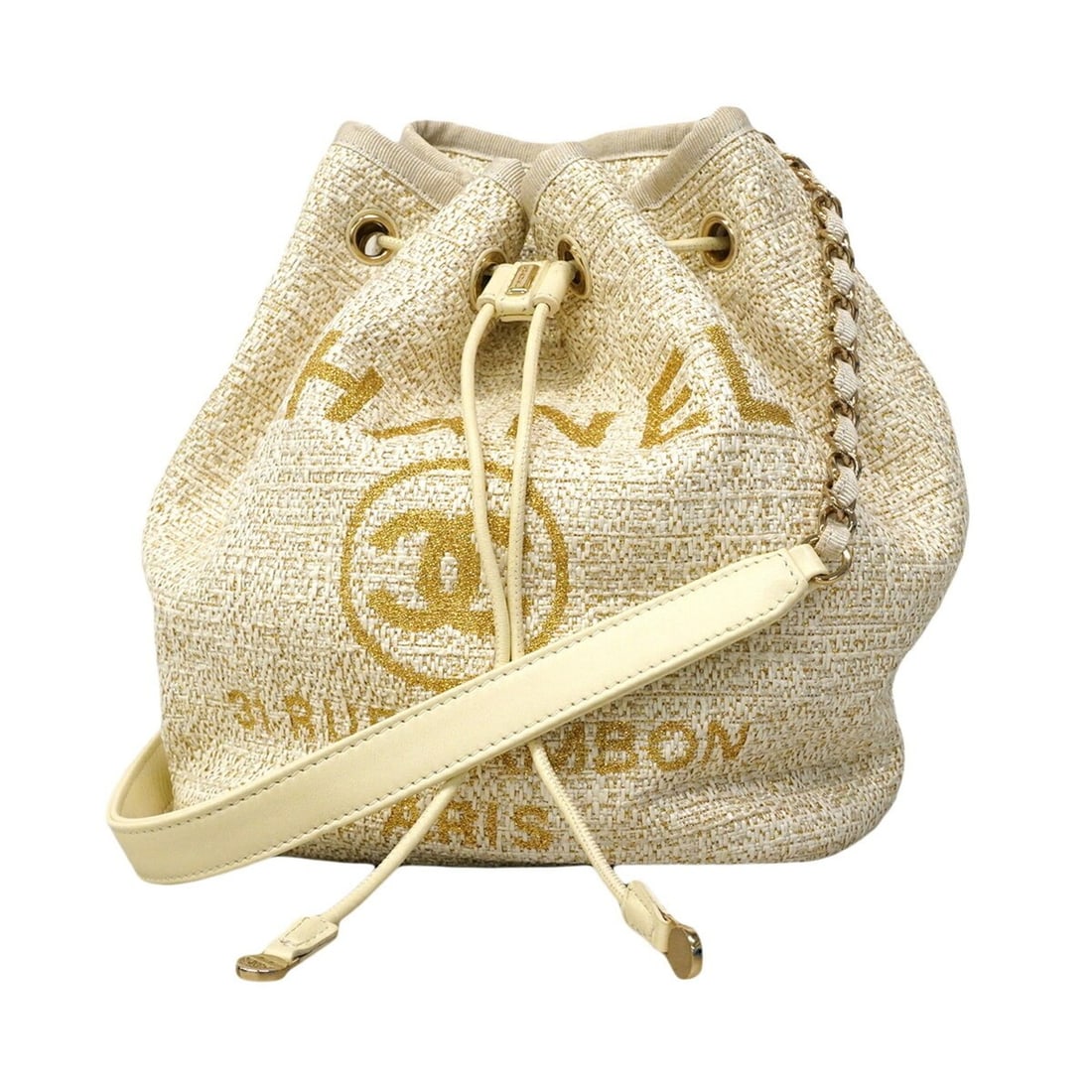 Chanel Deauville Chain Shoulder Bag, Ivory Gold Champagne, Women's: --- Catalog ---Category: SizeSize (HxWxD): 25.5cm x 21cm x 15cm / 10.03'' x 8.26'' x 5.9''Category: DesignType: Shoulder bagColor: Gold, IvoryGender: WomenCategory: GeneralBrand: Chanel--- Item List -