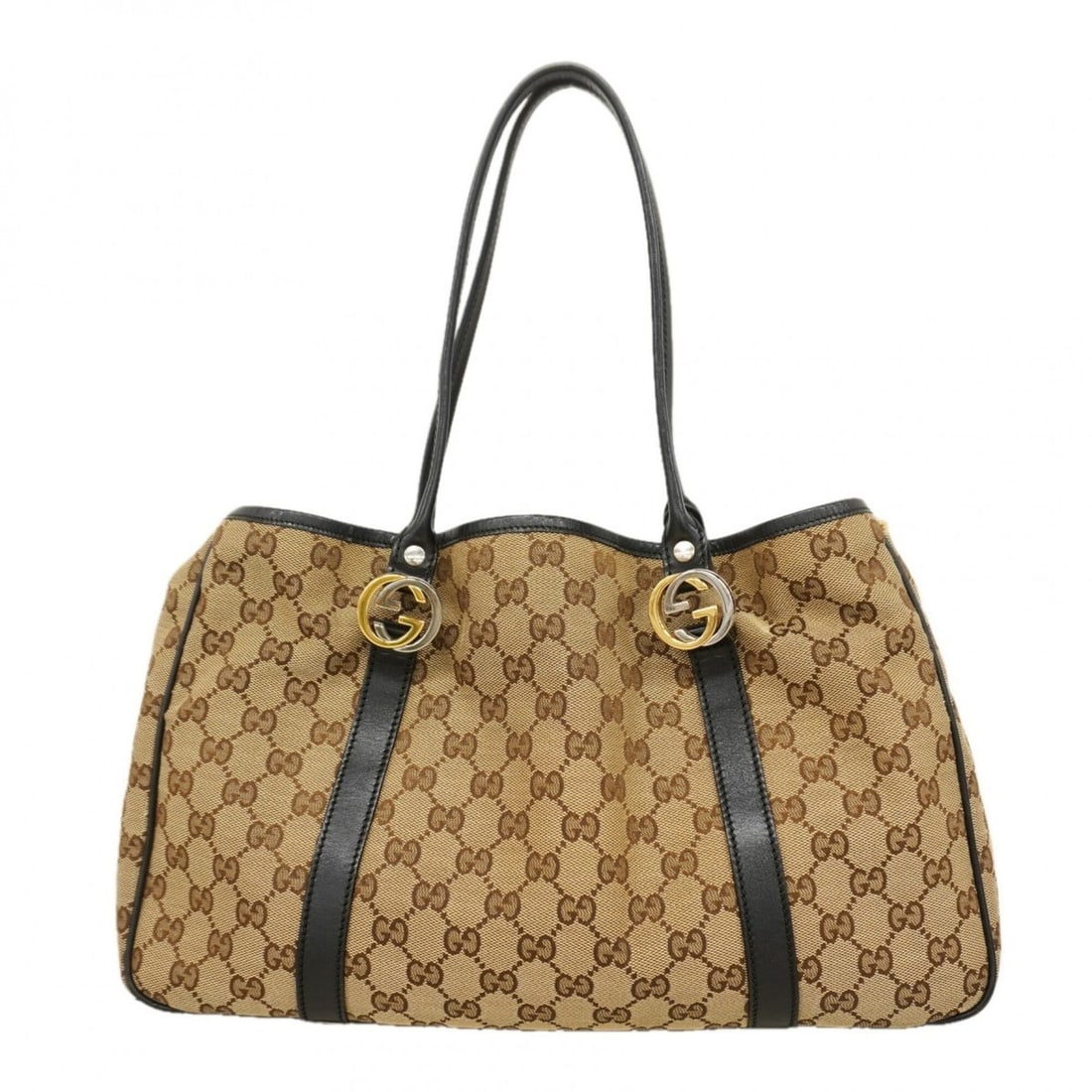 Gucci GG Canvas Tote Bag 232957 Beige Black Gold Women's: --- Catalog ---Category: SizeSize (HxWxD): 23.5cm x 36.5cm x 10cm / 9.25'' x 14.37'' x 3.93''Category: DesignType: Tote bagColor: Beige, BlackGender: WomenMaterial: Canvas Hardware Color: Gold, Silver