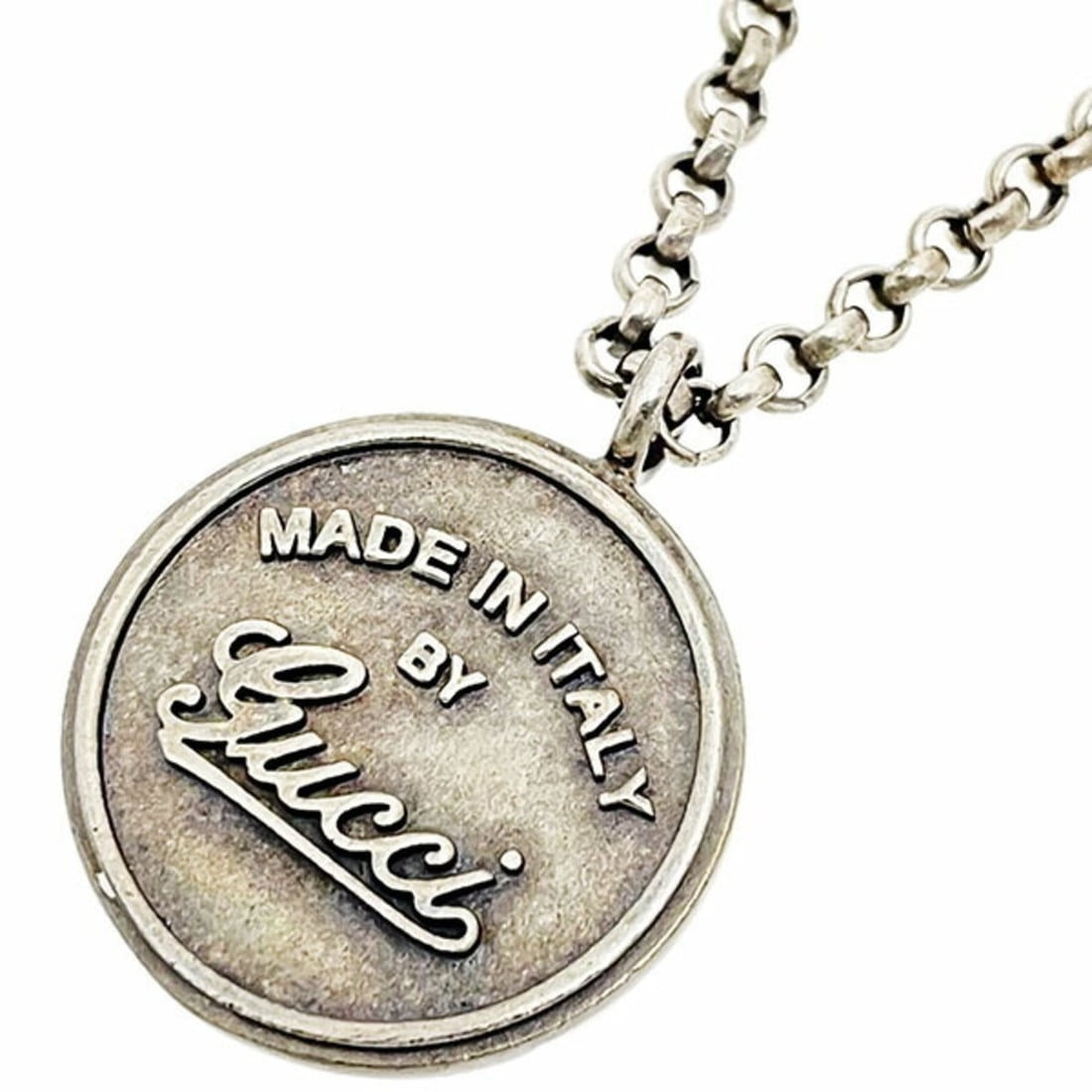 Gucci Necklace, Trademark Embossed Aged Pendant, Ag925 SV 925 Sterling Silver, 310539, GUCCI Script (1 of 11)