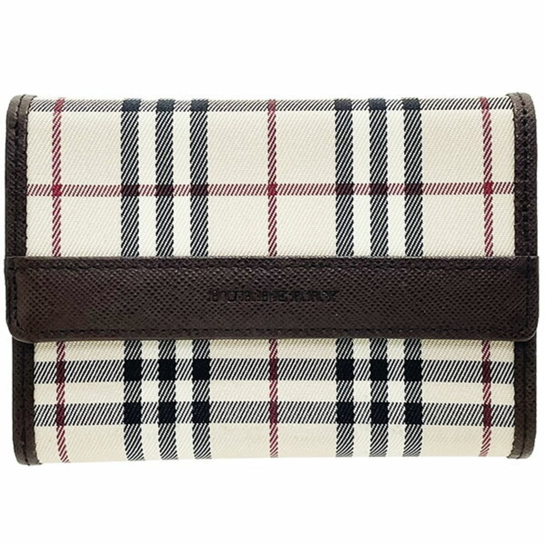 Burberry trifold wallet with check pattern, made of nylon and leather, in light beige dark brown. (1 of 17)