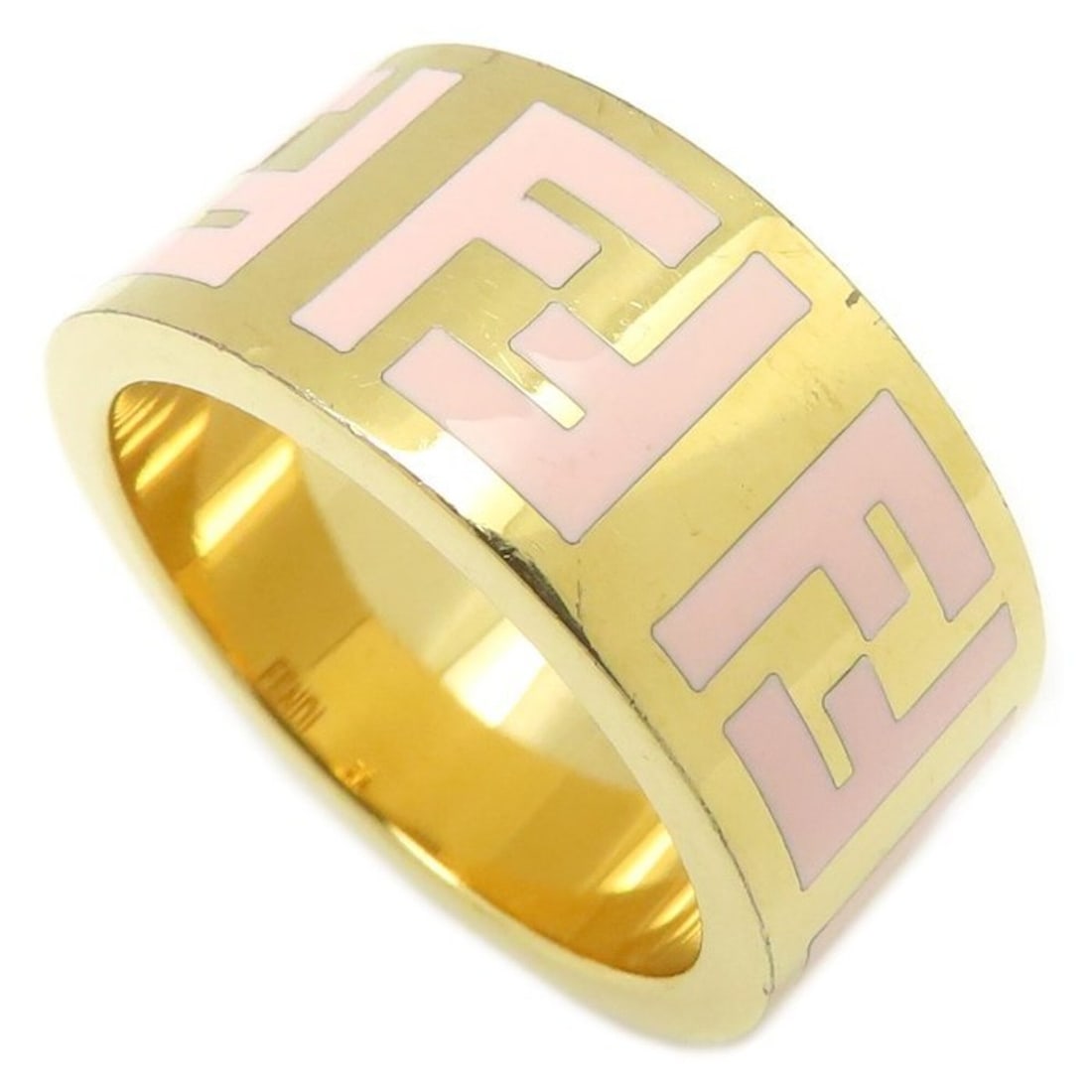 FENDI FF Logo Forever Ring, Size #M (US 14), Plated x Enamel, Women's / 295592: --- Catalog ---Category: SizeWidth: 9.7mm / 0.38''Weight: 8.5g / 0.29oz.JP Size: 14US Size: 7Category: DesignType: Band ringFinish: Gold platedGender: WomenMaterial: EnamelCategory: GeneralBrand: Fend