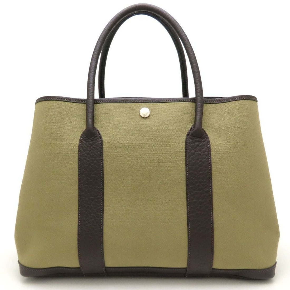 HERMES Garden Party PM Handbag, Buffle x Toile Officier, Khaki/Dark Brown, Women's /353301 (1 of 13)