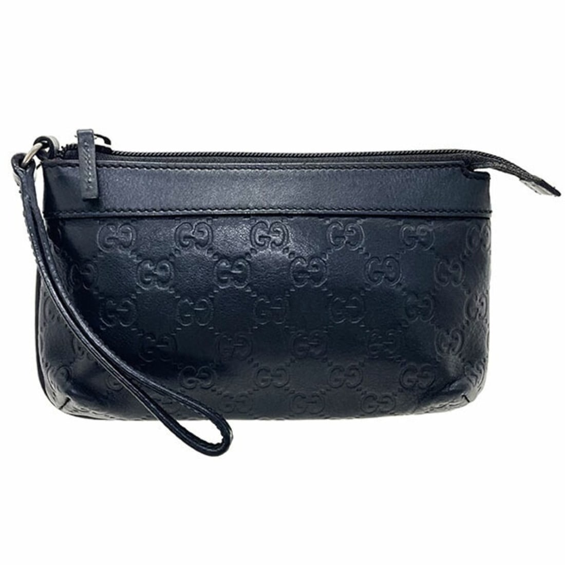 Gucci Guccissima Leather Wristlet Pouch, Black, 274181, GUCCI GG Hand Outlet, MAN-17048: --- Catalog ---Category: SizeSize (HxWxD): 13cm x 20cm x 2cm / 5.11'' x 7.87'' x 0.78''Strap Length: 16cm / 6.29''Category: DesignType: PouchColor: BlackGender: WomenClosure: ZipperMaterial: Leather C