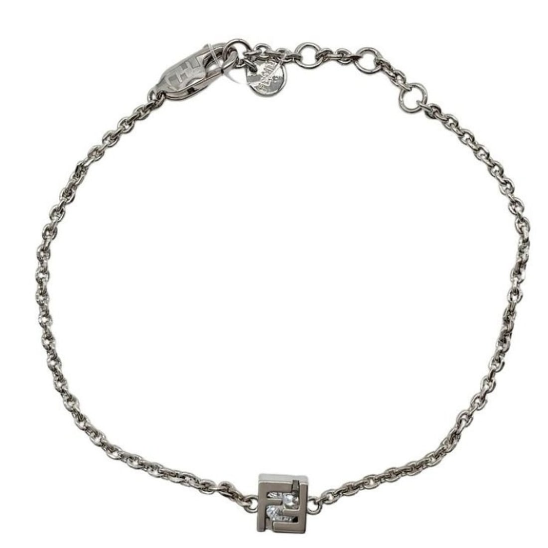 FENDI bracelet, silver metal, women's, FF, rhinestone. (1 of 7)