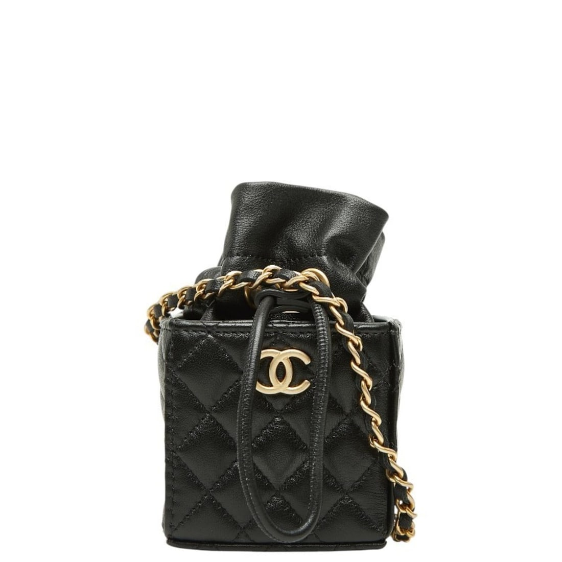 Chanel Matelassé Coco Mark Mini Drawstring Bag, Crossbody Chain Shoulder Black Lambskin, Women's: --- Catalog ---Category: SizeSize (HxWxD): 11cm x 6cm x 6cm / 4.33'' x 2.36'' x 2.36''Category: DesignType: Shoulder bagColor: BlackGender: WomenMaterial: Leather Leather/Fur Type: LambskinCategory: G