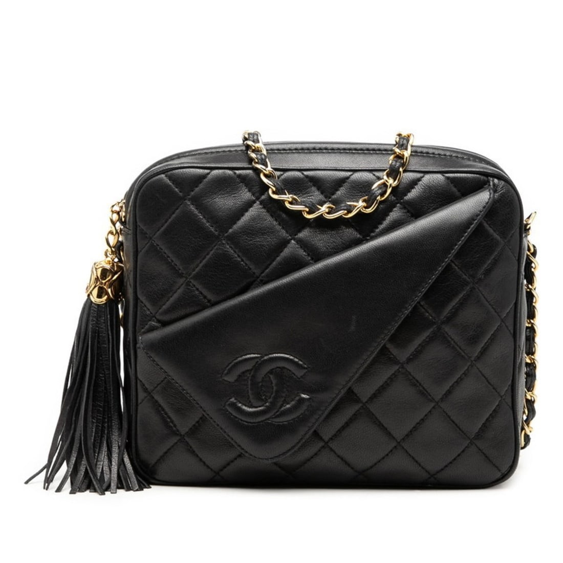 Chanel Coco Mark Matelassé Tassel Chain Shoulder Bag, Black Lambskin, Women's CHANEL: --- Catalog ---Category: SizeSize (HxWxD): 16cm x 19.5cm x 6cm / 6.29'' x 7.67'' x 2.36''Category: DesignType: Shoulder bagColor: BlackGender: WomenMaterial: Leather Leather/Fur Type: LambskinCategory