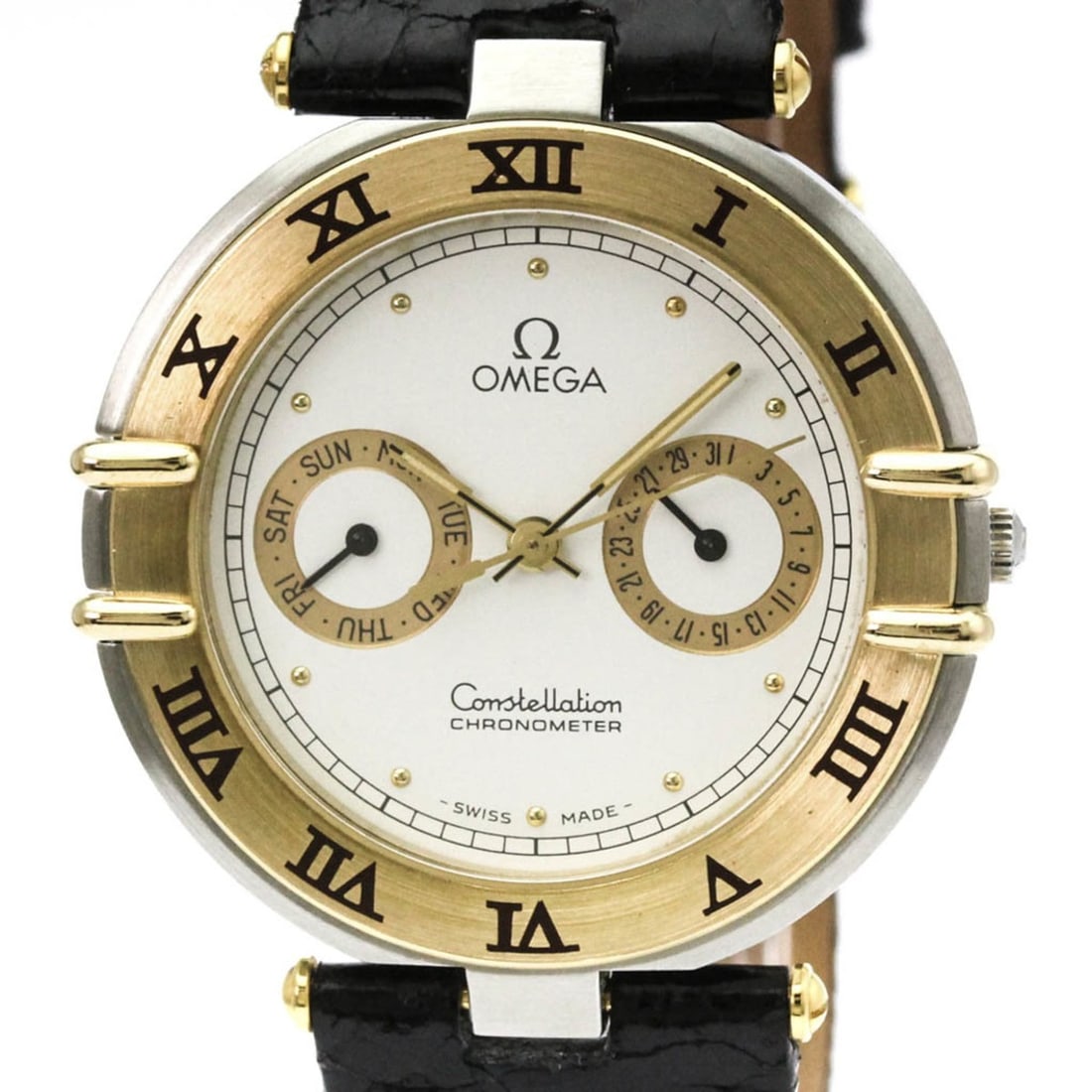 OMEGA Constellation 18K Gold Steel Quartz Mens Watch 198.0145 Polished: --- Catalog ---Category: SizeCase Diameter: 34mm / 1.34''Category: DesignType: WristwatchStyle: Dress/FormalGender: MenColor (Dial): WhiteMaterial (Band): LeatherMaterial (Case): Stainless steel, Yell