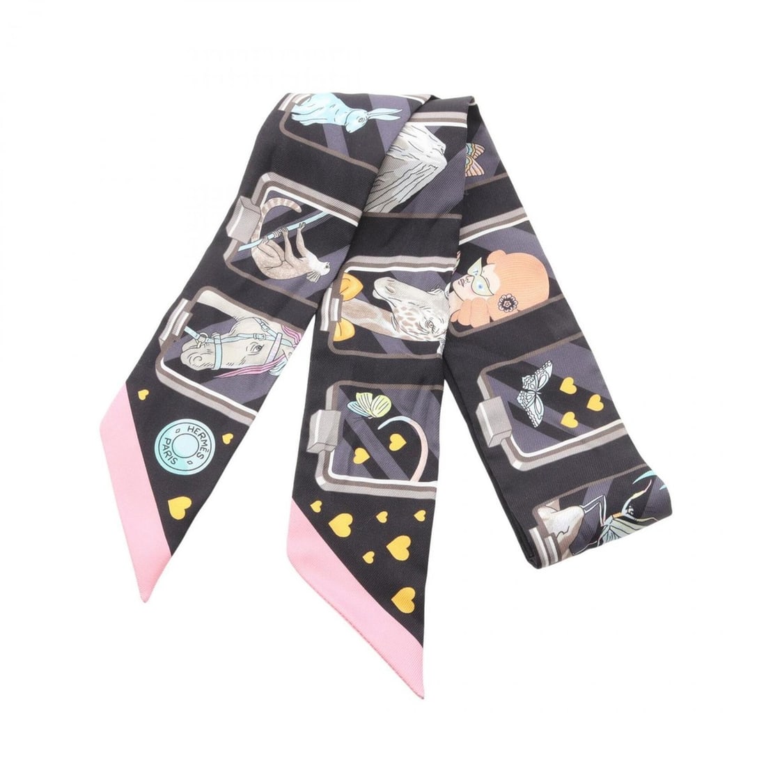 Hermes Twilly STORY Ribbon Scarf Muffler Silk Women's Black Multicolor: --- Catalog ---Category: SizeSize (LxW): 85cm x 5cm / 33.46'' x 1.96''Category: DesignType: ScarfColor: Black, Multi-colorGender: WomenMaterial: Silk Category: GeneralBrand: Hermes--- Item List ---Sec