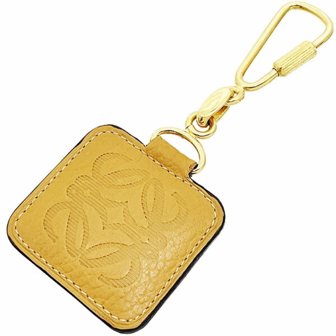 Loewe Anagram Keychain Hook Leather Camel Tag Keyring Charm KK-17178: --- Catalog ---Category: SizeCharm Size: 4.8cm x 5.2cm / 1.89'' x 2.05''Category: DesignType: KeyringColor: GoldGender: WomenMaterial: LeatherCategory: GeneralBrand: Loewe--- Item List ---Section: Con