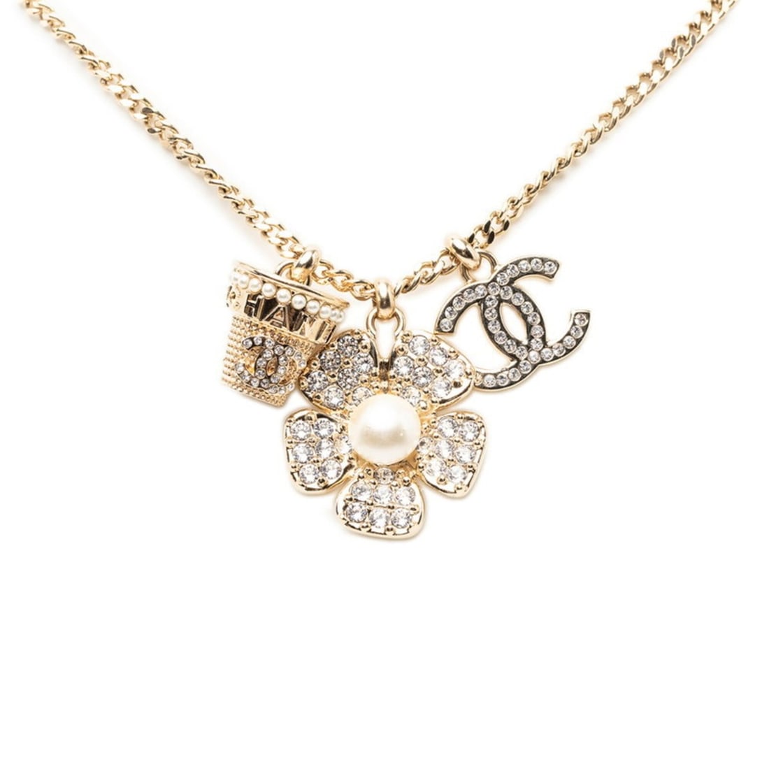 Chanel Coco Mark Flower Motif Chain Pendant Necklace, B23S Engraving, Gold Plated Rhinestone, Faux: --- Catalog ---Category: SizePendant Size: 33.1mm x 27.9mm / 1.3'' x 1.09''Neck Circumference: 80 cm / 31.49''Category: DesignColor: GoldGender: WomenMaterial: Gold plating, RhinestoneNecklace Type: P