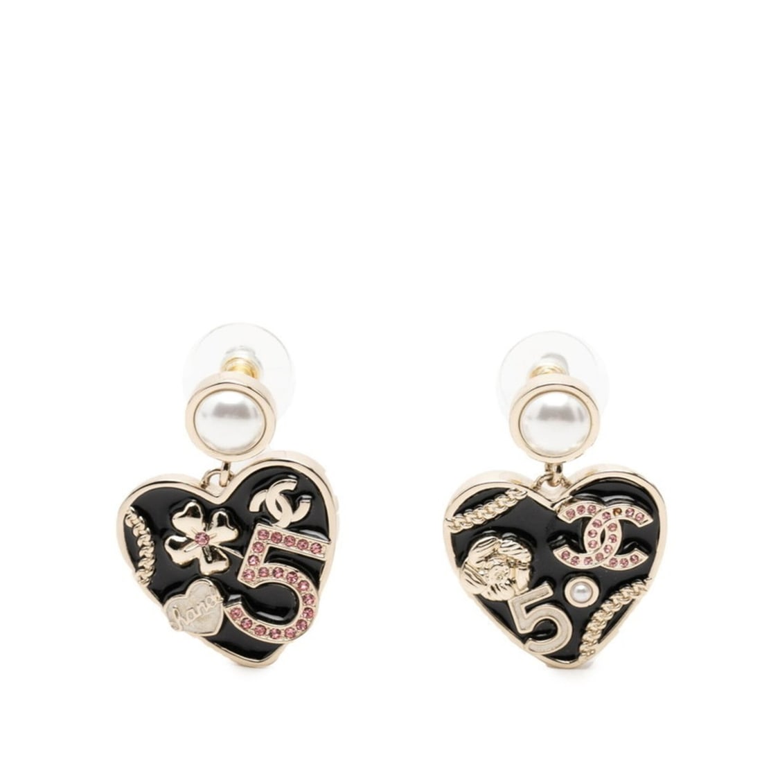 Chanel Coco Mark Camellia No. 5 Heart Motif Earrings Gold Black Pink Plated Faux Pearl Rhinestone: --- Catalog ---Category: SizeSize (HxWxD): 24.20mm x 25.60mm / 0.95'' x 1.01''Category: DesignType: Stud earringsColor: Black, Gold, PinkStone: Artificial pearl, RhinestoneGender: WomenMaterial: Gold 