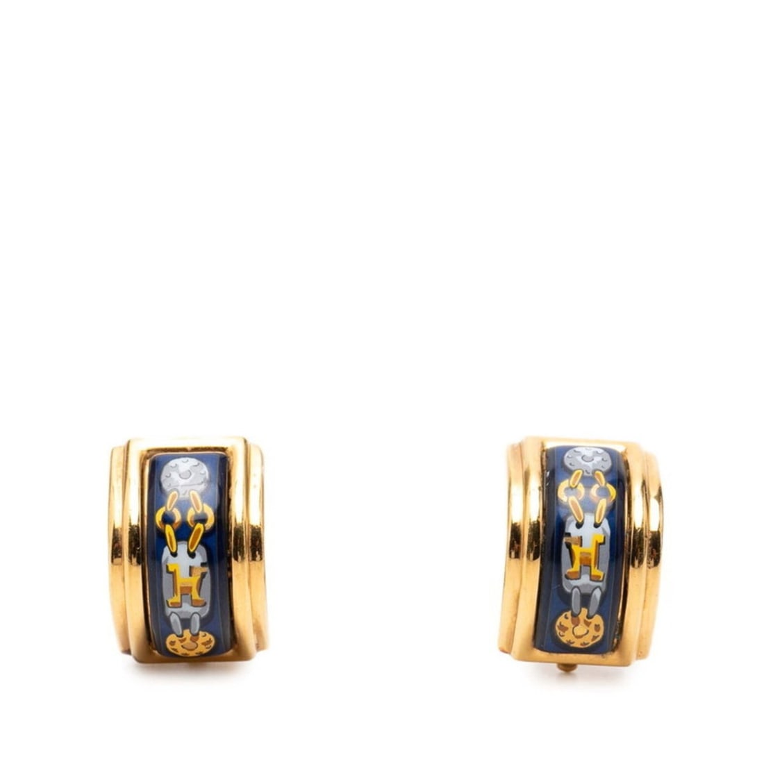 Hermes enamel chain motif earrings, gold and navy plated, for women. (1 of 11)