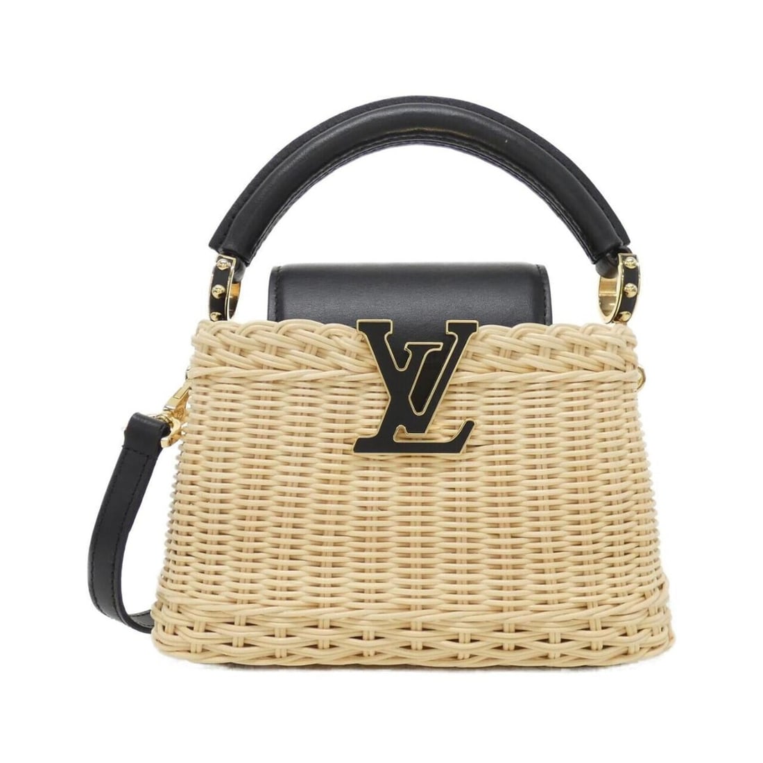Louis Vuitton Capucines MINI M26003 Handbag: --- Catalog ---Category: SizeSize (HxWxD): 13cm x 21cm x 9cm / 5.11'' x 8.26'' x 3.54''Category: DesignType: HandbagColor: Beige, BlackGender: WomenMaterial: Rattan , Leather Leather/Fur Type: