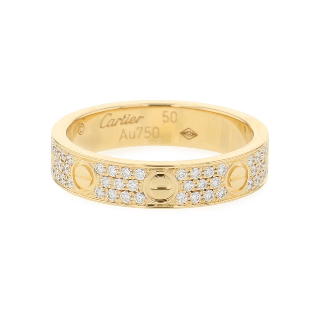 Cartier Love Ring SM Small Model Pave Diamond 88P Total 0.31ct 18K Yellow Gold Size 50 B4083300 ring: --- Catalog ---Category: SizeWidth: 4mm / 0.16''Weight: 3.8g / 0.13oz.JP Size: 10US Size: 5.5Category: DesignType: Band ringStone: DiamondGender: WomenMaterial: Yellow gold (18K)Weight (ct.): 0.31Cate
