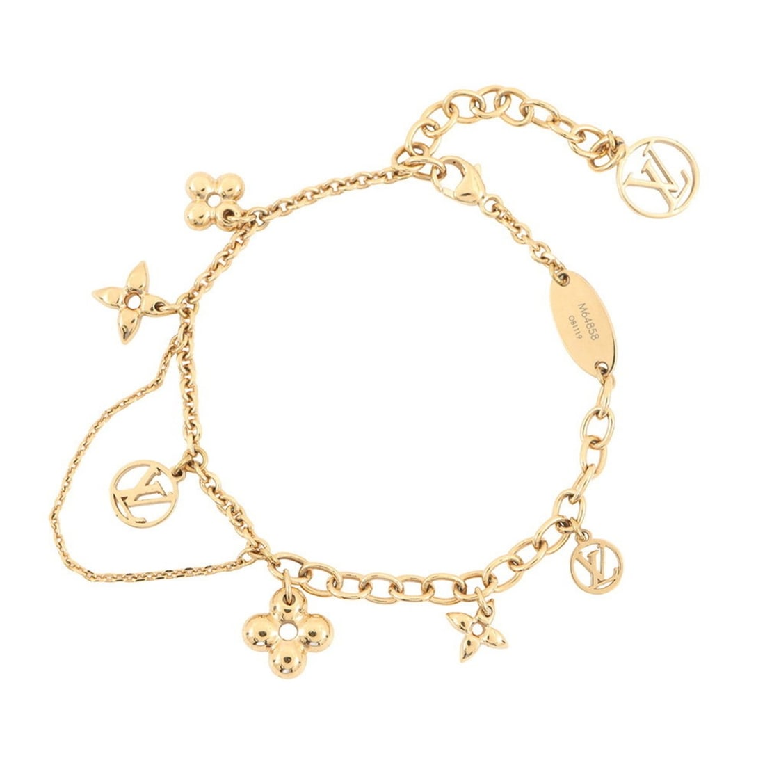 Louis Vuitton Bracelet Blooming M64858 LOUIS VUITTON Monogram Flower: --- Catalog ---Category: SizeLength: 14.5cm - 18cm / 5.7'' - 7.08''Total Length: 20cm / 7.87''Category: DesignType: Charm braceletColor: GoldGender: WomenMaterial: MetalCategory: GeneralLine: Monogram
