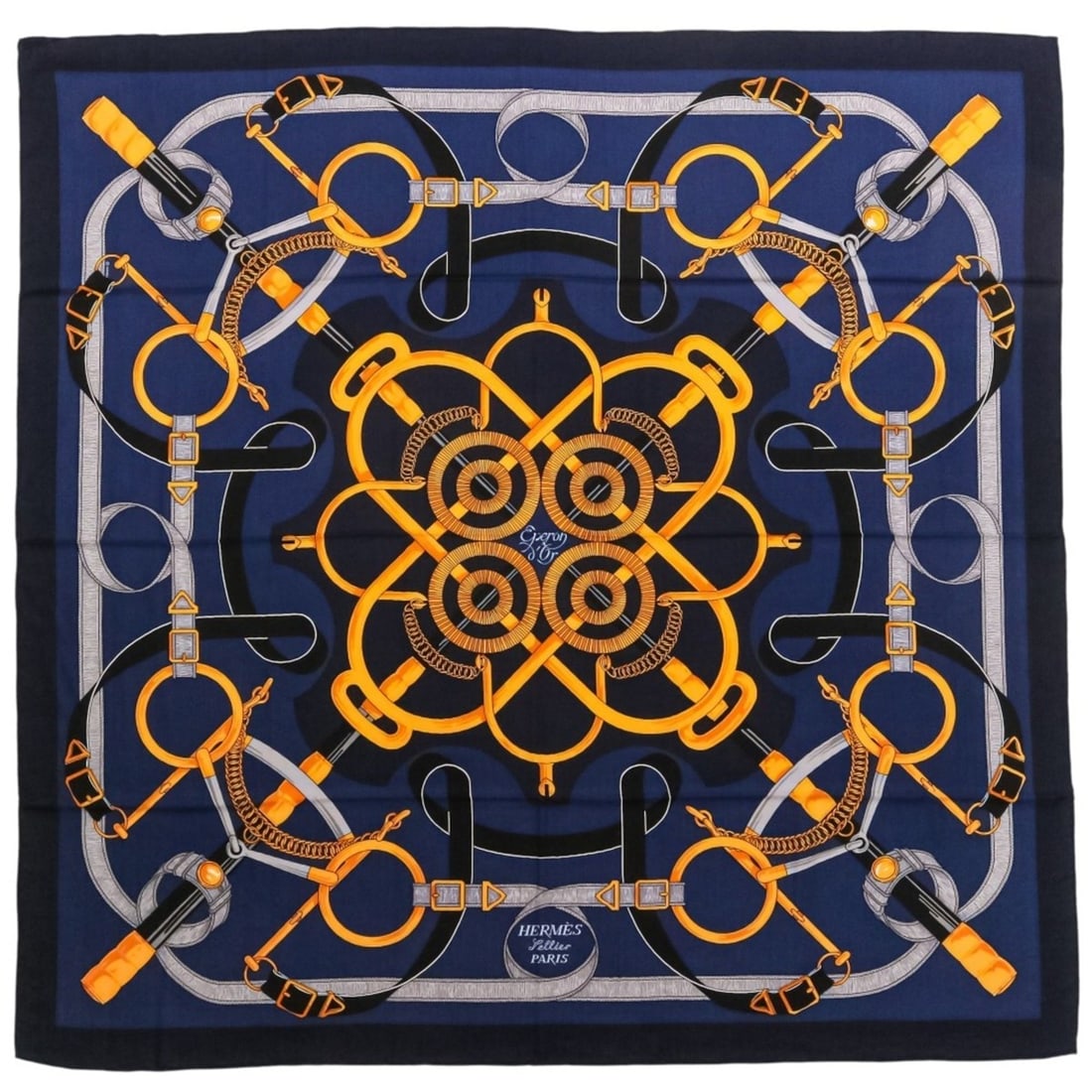 Hermes Eperon d'Or (Golden Spur) Carre 140 Cashmere Silk Geant Large Scarf, Dark Navy, Women's: --- Catalog ---Category: SizeSize (HxWxD): 134cm x 138cm / 52.75'' x 54.33''Category: DesignColor: Dark navyGender: WomenCategory: GeneralBrand: Hermes--- Item List ---Section: ConditionRanking: Rank 