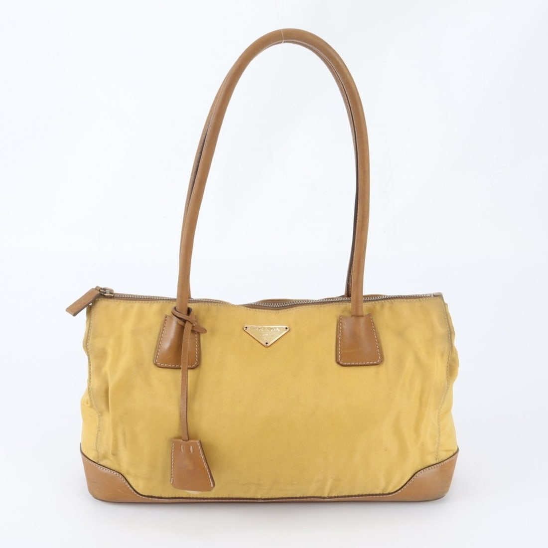 Prada Tessuto Nylon Triangle Logo Leather Shoulder Bag, Tote Handbag for Women: --- Catalog ---Category: SizeSize (HxWxD): 19cm x 31cm x 11cm / 7.48'' x 12.2'' x 4.33''Category: DesignType: Handbag, Shoulder bag, Tote bagColor: Brown, YellowGender: WomenMaterial: Nylon , Leather 