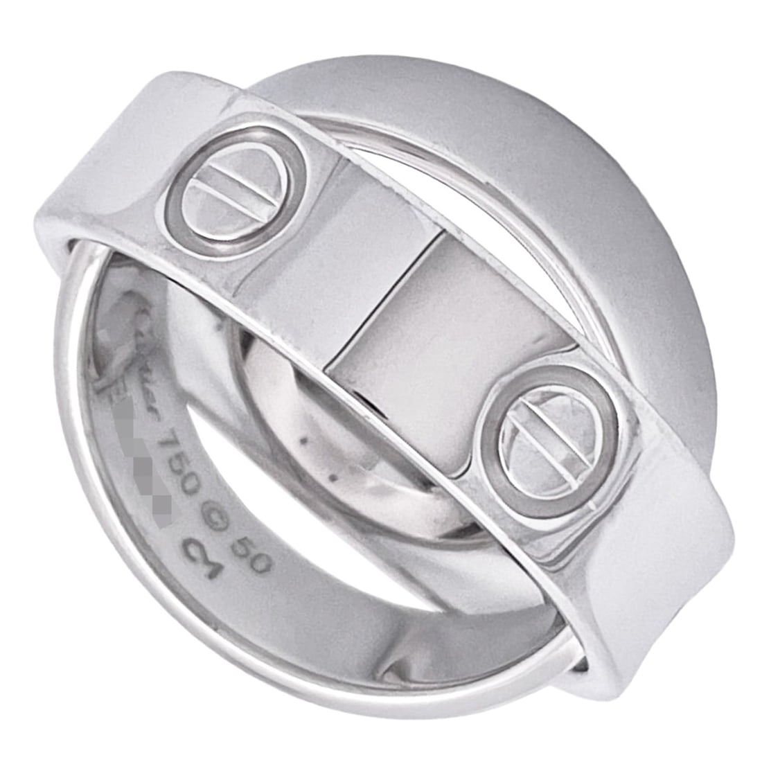 Cartier Secret Love Ring, Size #50, 18K White Gold, 10.7g, Women's Ring: --- Catalog ---Category: SizeWidth: 5.4mm / 0.21''Weight: 10.7g / 0.37oz.US Size: 5.5Brand Size: 50Category: DesignType: Band ringGender: WomenMaterial: White gold (18K)Category: GeneralLine: LoveBran