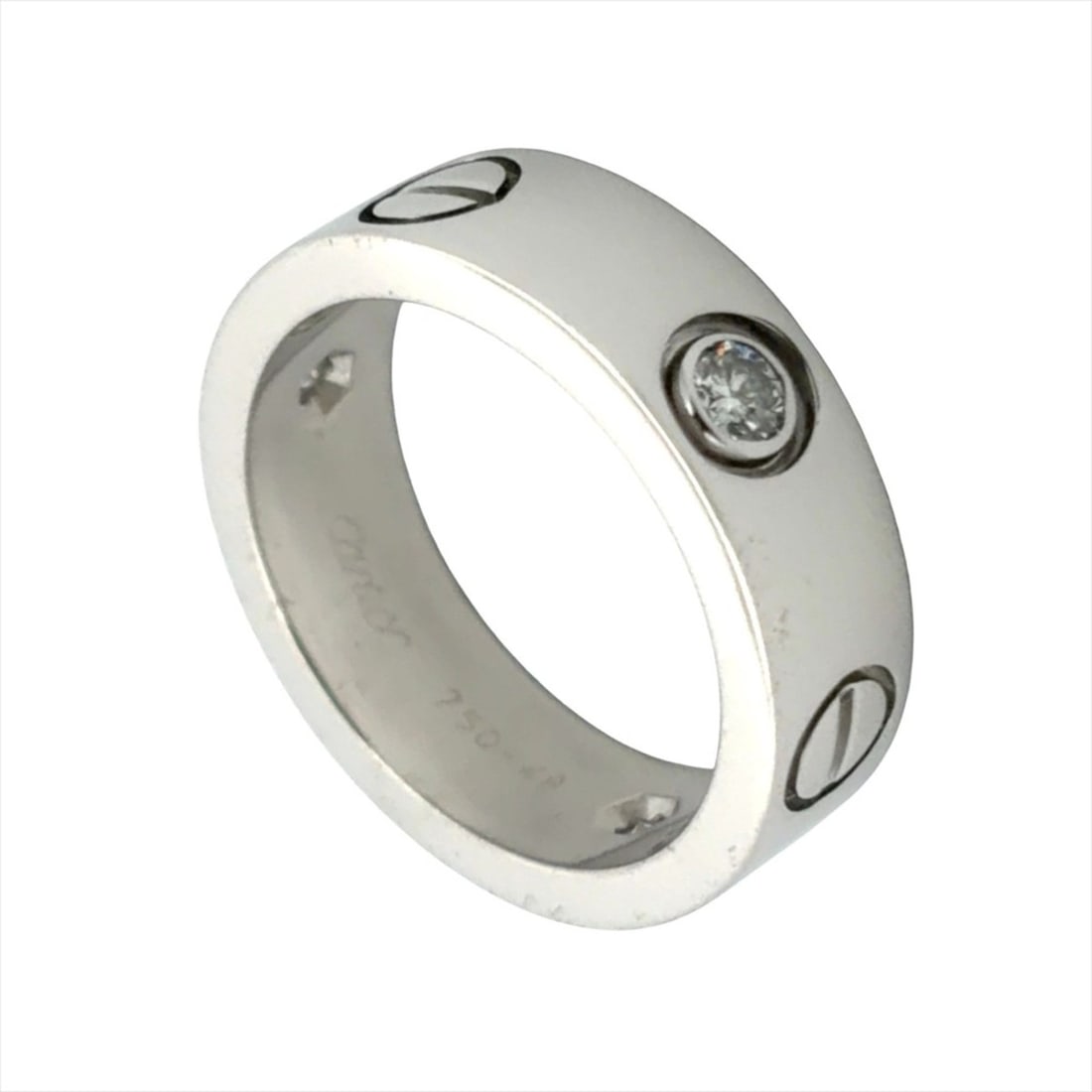 Cartier 3-Diamond Love Ring, Size #48, 18K White Gold, 7.9g.: --- Catalog ---Category: SizeWidth: 5.5mm / 0.22''Weight: 7.9g / 0.27oz.US Size: 4.5Brand Size: 48Category: DesignType: Band ringStone: DiamondGender: WomenMaterial: White gold (18K)Category: GeneralL