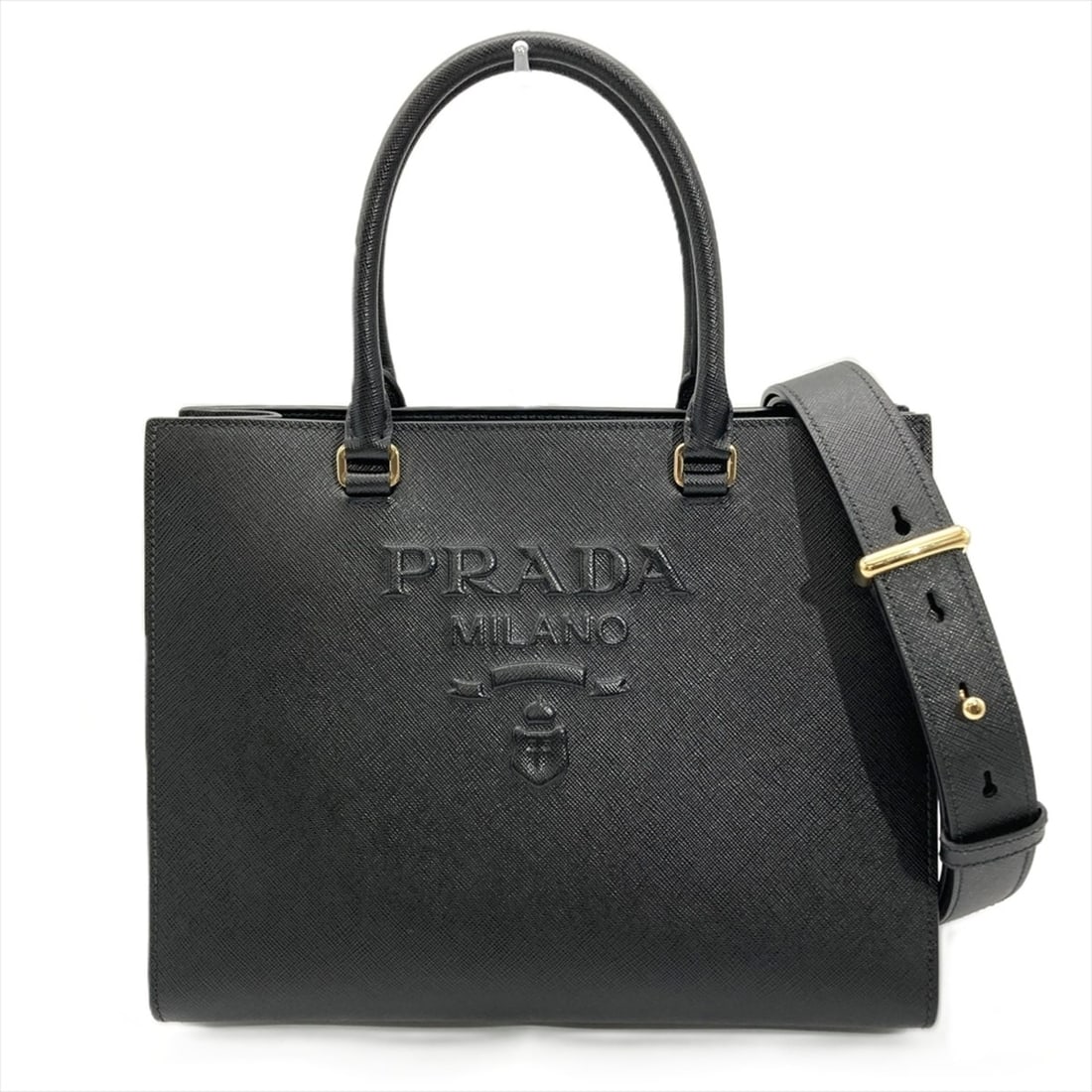 Prada embossed logo shoulder bag, 2-way, Saffiano leather, black, gold hardware, women's. (1 of 9)