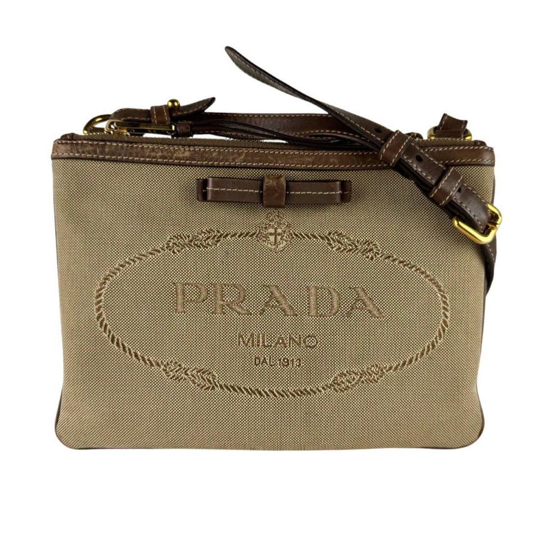 Prada PRADA Shoulder Bag Logo Jacquard Canvas Leather Brown Women's z9947 (1 of 13)