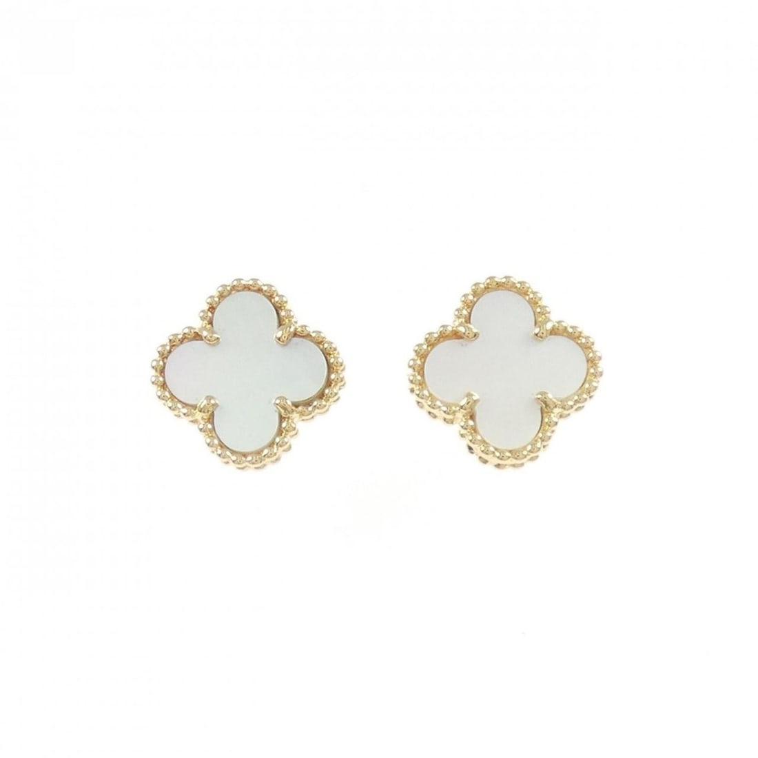 Van Cleef & Arpels Sweet Alhambra Earrings: --- Catalog ---Category: SizeWeight: 2.5g / 0.08oz.Size (HxWxD): 9.20mm x 9.20mm / 0.36'' x 0.36''Category: DesignType: Stud earringsColor: YellowMetal: GoldStone: Mother of pearlGender: WomenMetal