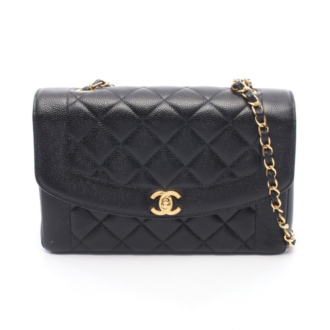 Chanel Matelassé Diana Flap Shoulder Bag/Handbag, Caviar Leather (Grained Calfskin), Women's, Black: --- Catalog ---Category: SizeSize (HxWxD): 16cm x 25cm x 7cm / 6.29'' x 9.84'' x 2.75''Category: DesignType: Handbag, Shoulder bagColor: BlackGender: WomenMaterial: Grained Calfskin Hardware Color: Go