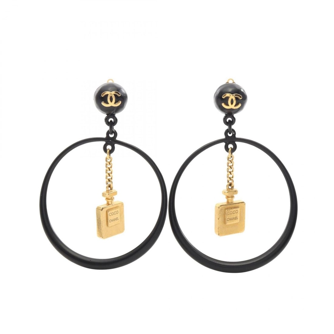 Chanel Coco Mark Perfume Bottle Motif Hoop Earrings, Gold Plated (GP), Women's, Black/Gold Tone (1 of 9)