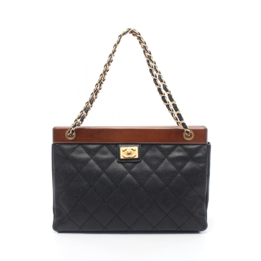 Chanel Matelassé Tote Bag/Handbag, Caviar Leather (Grained Calfskin), Wood, Women's, Black/Brown: --- Catalog ---Category: SizeSize (HxWxD): 20cm x 30cm x 9cm / 7.87'' x 11.81'' x 3.54''Category: DesignType: Handbag, Tote bagColor: Black, BrownGender: WomenMaterial: Grained Calfskin Category: Gene
